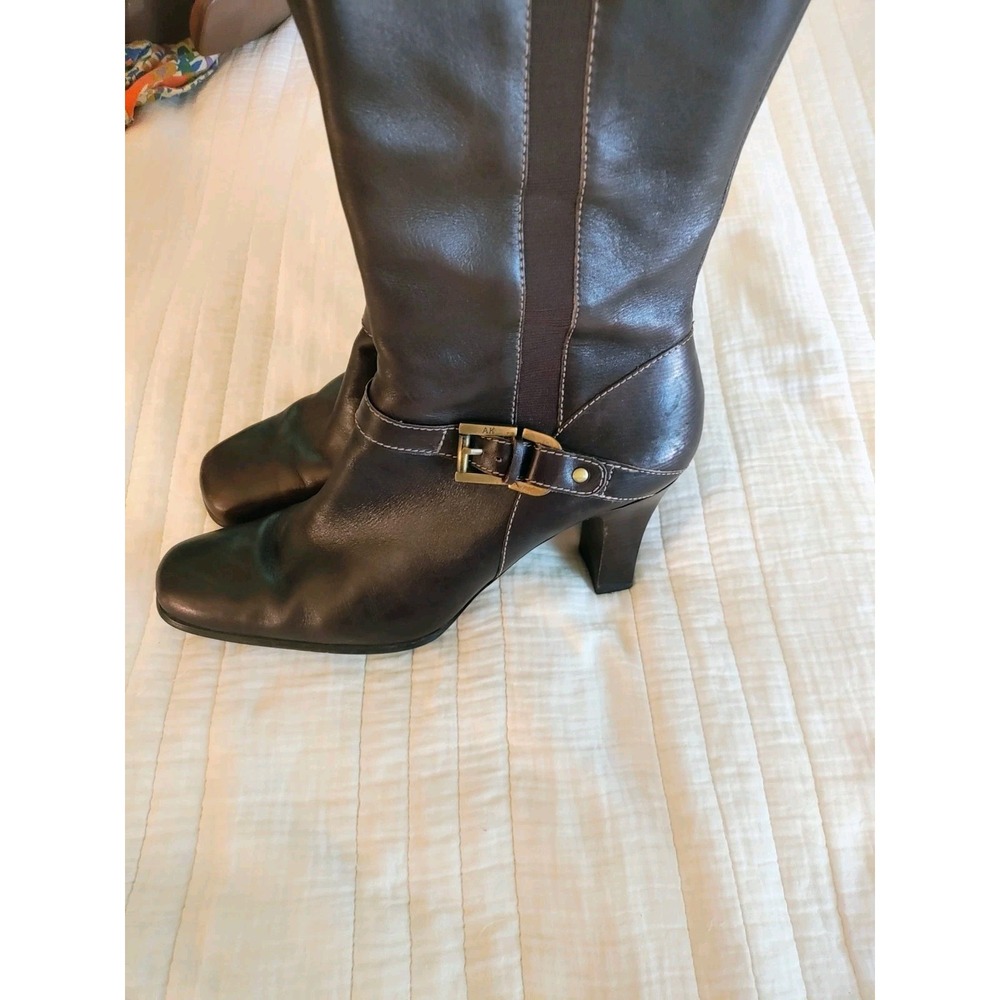 AK Anne Klein Brown Leather Knee High Boots Size 10M Y2K Square Toe Buckle